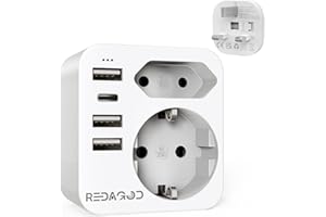 Redagod Adaptateur Prise Anglaise UK , Adaptateur de Voyage avec 2 Prises et 3 USB et 1 Type-C, France Europe vers UK pour Irlande Dubai Maldives, Chargeur , Type G
