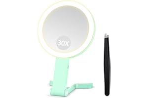 B Beauty Planet Travel Makeup Mirror, Double Sided 30X/1X Vanity Mirror with Light, Foldable Compact for Bathroom/Bedroom, 3 Color Lights, Handheld Use for Travel, with Adjustable Stand (Green)