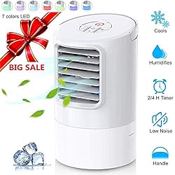Climatiseur Portable, Refroidisseur d'air 4 en 1 Ventilateur de Climatisation Silencieux Mobile Mini Personnel Air Refroidisseur Humidificateur 3 Vitesses - 2/4h Timer Rapide à Utiliser - 7 Couleurs