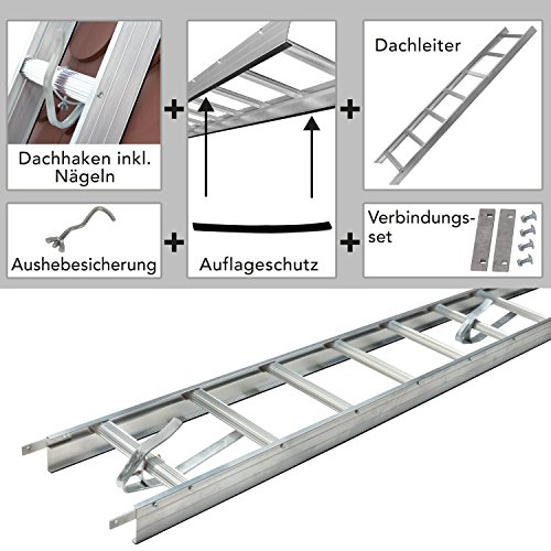 Alu Dachleiter Set 5,88 m ohne Farbe mit Dachhaken zur Montage gerade auf Holzbohlen inkl. Auflageschutz und Aushebesicherung, Made in Germany, DEKRA geprüft, Dachdeckerleiter, Dachauflegeleiter - 2