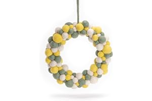 ‎ÉN GRY & SIF Én Gry & Sif Kugelkranz, gelb, grün und weiß, Durchmesser 30cm im Scandi-Stil, Handmade, Fairtrade, Türkranz, Frühlingskranz, Osterkranz, Dekokranz zum Aufhängen