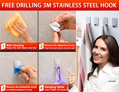 SPAHER Selbstklebend Handtuchhaken Haken 8 Stück Wasserdicht 304 Edelstahl 3M Badezimmer WC Traceless Hat Handtuch Kleiderhaken Schiene Aufbewahrung Kleiderbügel Racks Wand Haken für Küche Bad - 4