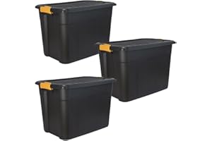 DANIEL JAMES Housewares Heavy Duty Storage Box with Lid - Large Plastic Stackable Storage Boxes with Clip Handles - Lockable BPA Free Indoor Outdoor Garage Storage Trunk Box - 3 Pack, Black, 20l