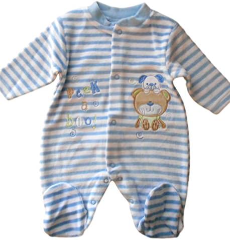 Newborn NB months - Baby Boys Blue Striped Cute Bear and Dog Velour Sleepsuit