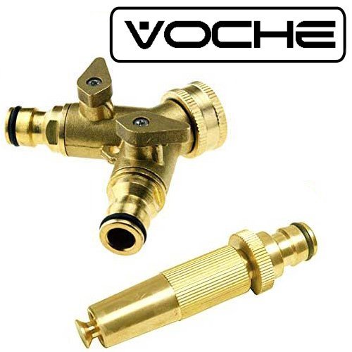 Tooltime - Voche Solid Brass 2 Way Double Dual Tap Adaptor with Individual On/Off Valves + Brass Spray Nozzle