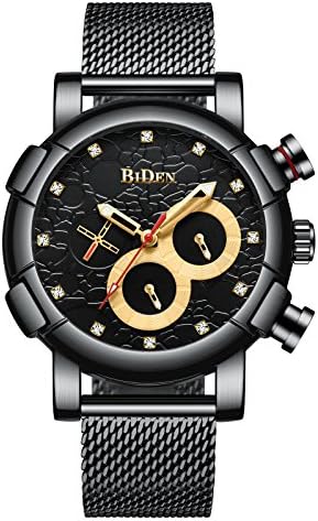 Mens watches Black gold Stainless Steel Luxury Business Sports style with Chronograph Waterproof Multifunction Wristwatch with Windmill pointer design for Men