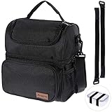 La bolsa tiene dos partes que separan los alimentos fríos y calientes. La bolsa arriba es adecuada para papas fritas, fruta, aperitivos y galletas,la abajo es para el almuerzo, sándwiches, ensaladas etc.
