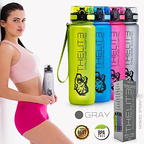 THELITE Best Sports Water Bottle US TRITAN Top Premium Quality 500ml Gray Non Toxic Eco Friendly BPA Free - Fast Water Flow One-Click Open Leak Proof Fitness CrossFit Running Gym Yoga Outdoors Camping