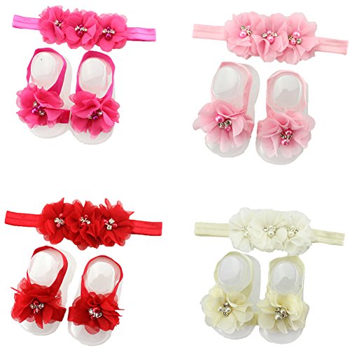 Cute Foot Flower Barefoot Sandals+Headband Baby Set Baby Elastic Hair Bands Infant Kids Headbands(4 pcs)
