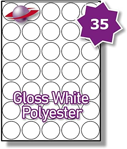 Label Planet35 Per Sheet 5 Shts (175 ROUND GLOSS WHITE POLYESTER Labels) A4 Waterproof Permanent Glossy Plastic Printable Stickers, Laser Printers Only, 37MM ⌀ Circles LP35/37R GWP Outdoor/Marine