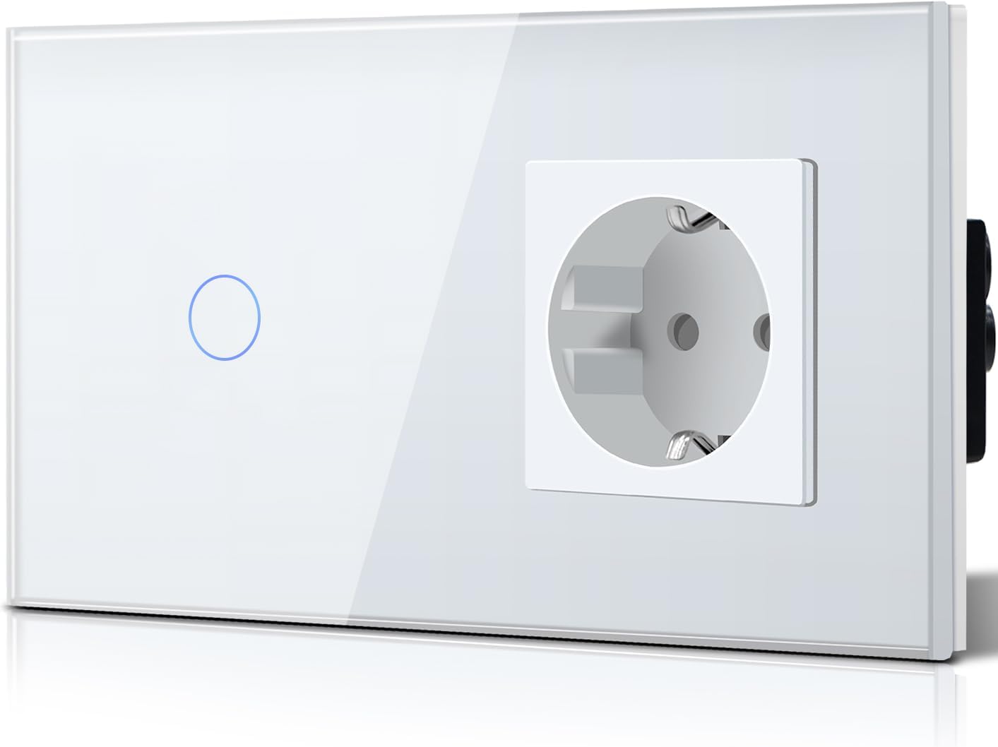 BSEED Interruptor táctil y enchufe pared,Panel de Vidrio con pulsador LED,Conmutador Modernos,Sin Función Wifi,1 Gang 1 Vía+1 Enchufe,157mm Blanco