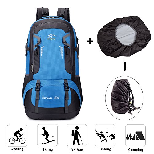 Hiking Backpacks 60L Waterproof Backpack Large Camping Trekking Daypack Lightweight Traveling Bags with Rain Cover for Travel Climbing Outdoor Activities (Blue)