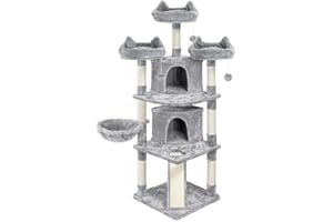 Yaheetech Kratzbaum Katzenkratzbaum 174 cm Katzenbaum Groß Kletterbaum 3 kuschelige Aussichtplattformen Spielhaus für Katzen Hellgrau