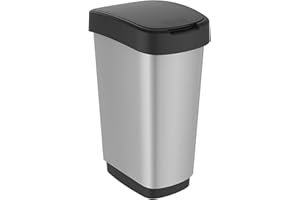 Rotho, Twist, Waste Bin 50l with Lid, Plastic (PP) BPA-, Black/Silver, 50l (40,1 x 29,8 x 60,2 cm), One Size