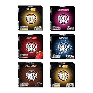 NOTTY BOY Honeymoon Condoms For Mens Family Pack Variety Combo 18Pcs (6x3s) - Extra Dotted, Extra Lubricated, Ribbed & Dotted, Strawberry, Chocolate flavoured condom)