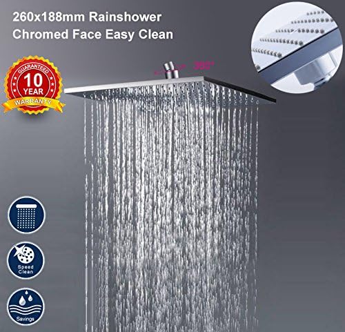 Large Square Rainfall Shower Head Fixed Mixer Chrome, 260x190mm