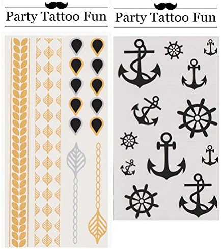 Party Tattoo Fun Temporary Tattoo Fake Tattoo Waterproof Non-toxic Tattoo Stickers Set of 2 Pcs: Metallic Golden and Silver Leaf Shape Chain and Water Drops Design vs Black Anchort and Helm Design