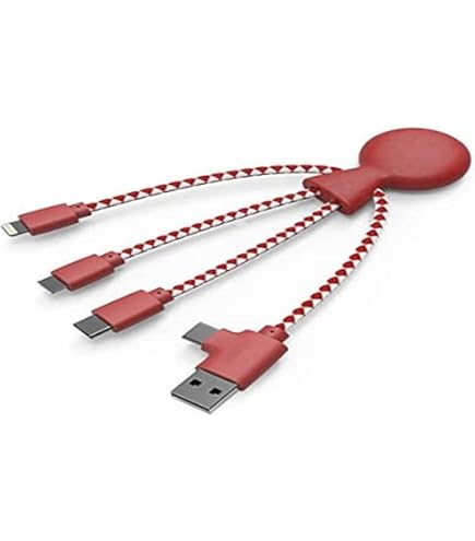 Xoopar Octopus - Câble Multi USB 4 En 1 En Forme De Pieuvre - Chargeur Universel En Plastique Recyclé - Prise USB-C, Lightning, USB-A, Micro USB Pour Smartphone - Orange
