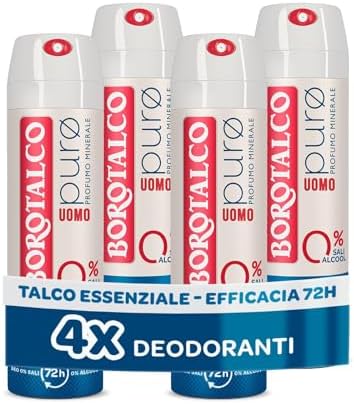 Borotalco, Deodorante Uomo Spray Puro, con Talco Essenziale, Formula Senza Alcool e Sali di Alluminio, Asciutto Anti-Odori, 72h di Efficacia, Profumo Minerale - 4 Flaconi da 150 ml