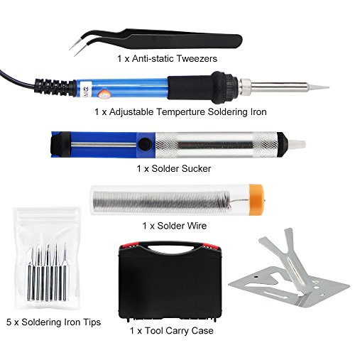 ZILONG 6-in-1 Lötkolben Set 220V 60W Lötkolben Kit Lötgriff mit Einstellbarem Temperaturbereich von 200 °C – 450°C，inkl. Lötkolben, Lötzinn, Metallständer(Biegbar), Entlötpumpe, 5 Lötspitzen, Pinzette(Antistatisch), Reinigungsschwamm, Ideal für Schweißen, Reparaturen auf der Leiterplatte - 2