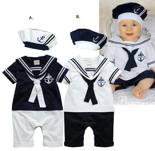 New Baby Boy Sailor Romper + Hat 0-18M , sailor suit, gentleman tuxedo (6-12M, Navy & White (Bottom))