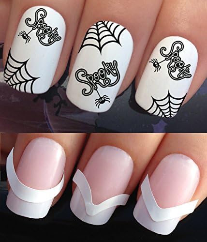 HALLOWEEN WATER NAIL TRANSFERS DECALS STICKERS ART SET #676 &amp; 172. **plus x48 nail tip guides!!** x12 FRENCH TIP SPOOKY SPIDERS &amp; WEBS TATTOO COSTUME PARTY WRAPS &amp; x48 FRENCH MANICURE TIP GUIDES! CAN BE USED WITH NATURAL GEL ACRYLIC STICK ON NAILS! OR WITH GLITTER DUST CAVIAR BEADS ALLOYS DECORATIONS CONFETTI FIMO SHAPES TAPE PENS RHINESTONES!