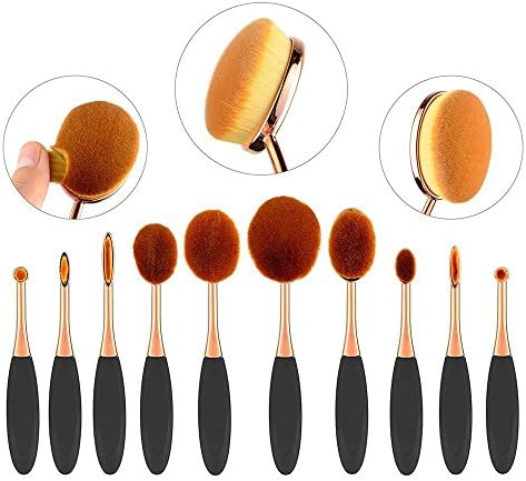 TTRwin®10PC Oval Makeup Brush Set Foundation Eyebrow Eyeliner Blush Cosmetic Concealer Blending Liquid Powder Cream Toothbrush Makeup Tools Makeup Brush KitGolden Black)