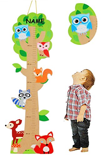 3-D Meßlatte aus Holz – “ Baum – lustige Eule & Tiere “ – zum Klappen / Falten – von 80 cm bis 155 cm – Messlatte Kinderzimmer für Kinder Kind – Eulen & Blumen – Holzmeßlatte – Tier Tiere Messlatte – Mädchen & Jungen – Eule Meßleiste – Waldtiere / Fuchs – Rehe - 3