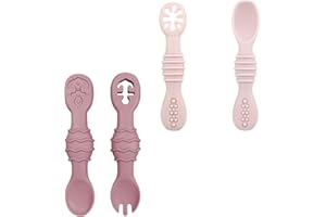 Bojiwavawd Baby Learning Spoons Forks Set, 4pcs Silicone Self Feeding Baby Utensils Ages 6-12 Months, Toddler Cutlery Set, Toddler Utensils, Feeding Training Spoons, Dishwasher Safe