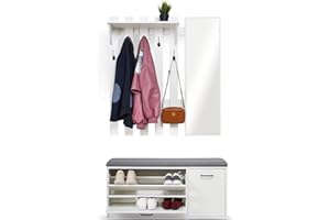 Mondeer Mobile Ingresso Set, Appendiabiti da Parete in Legno con Scarpiera e Specchio Industriale, per Corridoio Ingresso (Bianco)