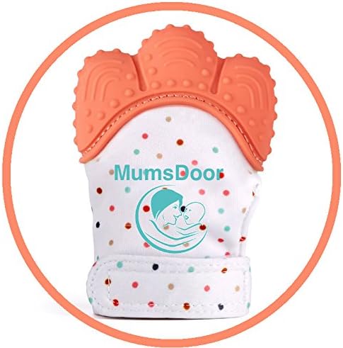 MumsDoor Mitt Baby Teething Mittens Glove - Innovative designed baby teething Mitten - Soothing Pain Relief- Age 3-12 Months Protects Babys Hands from Salvia &amp; Chewing - Adjustable strap. Travel mate. (Salmon Orange)