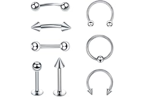 DECENTRALAND 8 barras de acero quirúrgico de plata de 16 g, curvadas, con forma de herradura, pico, ojos de serpiente, lengua, pezón, vientre, ceja, nariz, tragus, cartílago, boca, piercing, joyería para mujeres y