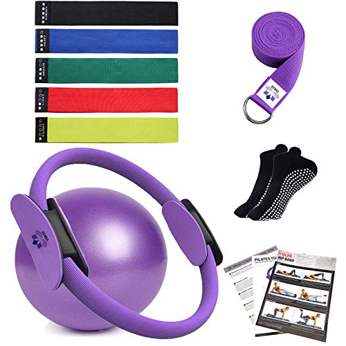 YXILEE Set di anelli da pilates da 30,5 cm, 9 pezzi per fitness, yoga, mini palla da pilates, fasce di resistenza in tessuto antiscivolo, confezione da 5 pezzi, guida per allenamento, kit per