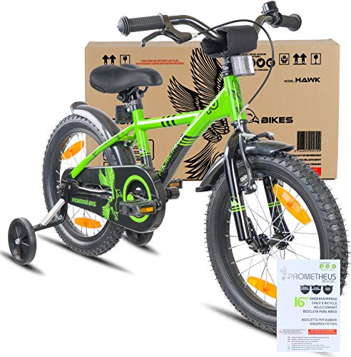 Prometheus Bicicleta Infantil | 16 Pulgadas | niño y niña | Verde Negro | A Partir de 5 años | con ruedines y Freno de contrapedal | 16