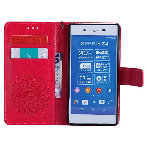 Sony Xperia Z4 Hülle,Sony Xperia Z4 Leder Sonnenblumen Hülle,Sony Xperia Z4 Lanyard Wallet Schutzhülle,BONROY® Retro geprägte Sonnenblumen Muster PU Leder Flip Hülle Wallet Case Tasche Cover Handytasche Schutzhülle Lederhülle Handyhülle in Book Style Stand Case mit Kredit Kartenschlitz für Sony Xperia Z4-rot - 7
