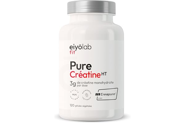 PURE CREATINE HT | 100% Creatine Monohydrate Creapure® | Créatine Micronisée | Pre Workout Musculation | Prise de Masse, Force et Résistance Musculaire | 120 Gélules Vegan | Eiyolab