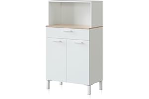 duehome | Alacena de Cocina, Mueble Auxiliar 2 Puertas + 1 Cajon y Estante Interior, Modelo Colin, Acabado en Blanco Artik y Roble Canadian, Medidas: 72 cm (Ancho) x 126 cm (Alto) x 40 cm (Fondo)
