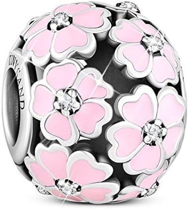 TINYSAND 925 Sterling Silver Enamel Charm Beads with Pink Primrose Meadow Fits Europe Style Charms Bracelets