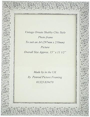 Handmade Ornate Distressed White Wide Profile Shabby Chic Vintage Picture Frame for an A4 (297mmx210mm) Photo.
