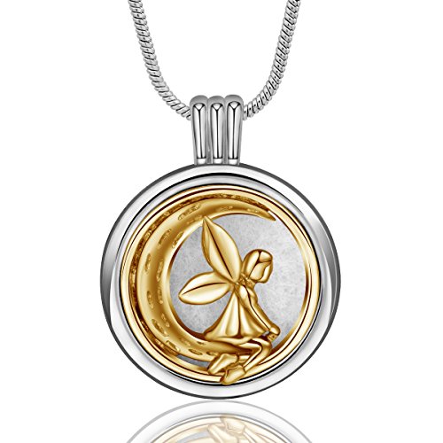 INFUSEU Angel and Moon Essential Oil Diffuser Necklace Two Tone Locket Pendant Aromatherapy Jewelry for Women Gir with 12 PCS Refill Pads