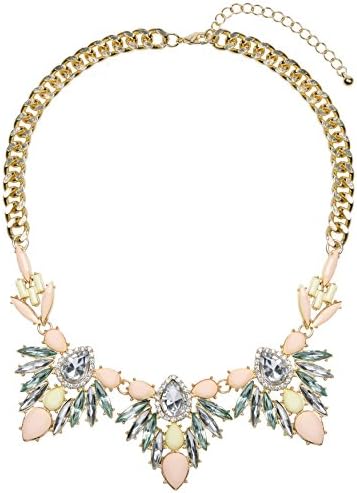 Statement Crystal Bib Necklace | Flower Pastel Multicoloured Collar | Gold Chunky Chain