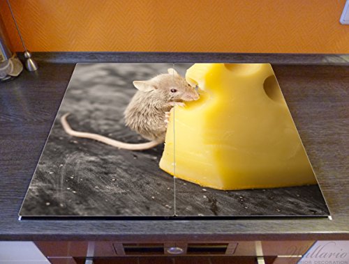 Wallario Herdabdeckplatte / Spritzschutz aus Glas, 2-teilig, 60x52cm, für Ceran- und Induktionsherde, Süße Maus knabbert an einem Käse in der Küche - 2