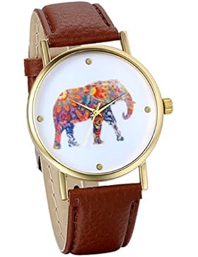 JewelryWe Damen Armbanduhr, Elegant Charm Analog Quarz Leder Armband Uhr mit Bunt Elefant Zifferblatt, Kaffee