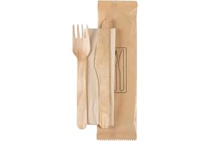 SHOBI 50 Bis Posate di Legno Set Compostabile Monouso di forchetta e coltello con tovagliolo