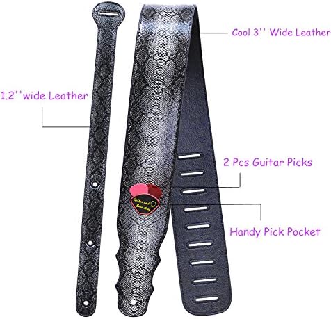 Serpentine Guitar Leather Strap, 3 inch Electric Bass Guitar Strap Accessories, The Strap With Pick Pocket,2 Guitar Picks High Quality,Length Ties