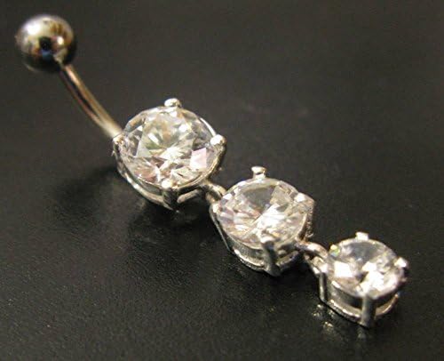 925 SILVER Dangle Belly Bar 3 DROPS Clear Crystals 6mm 8mm 10mm 12mm 14mm