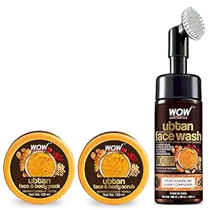 WOW Skin Science Ultimate Kit - Ubtan Foaming Face Wash with Built-in Brush + Ubtan Face & Body Pack + Ubtan Face & Body scrub - Net Vol 550mL