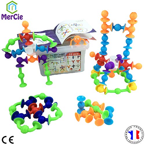 MerCie Juguete de construcción Creativa y educativa | 59 Piezas: ventosas con 10 Formas Diferentes + Caja de Almacenamiento de plástico | Ideal para el baño. Ventosas para niños y niñas 3 4 5 6+ años