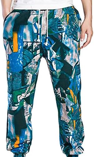 H&amp;E Mens Printed Hit-Colors Linen Drawstring Jooger Casual Pants Green Medium