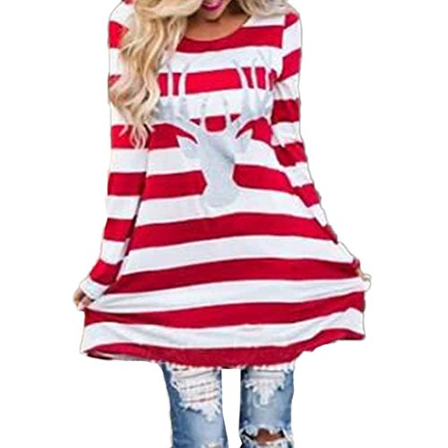 Preisvergleich Produktbild Sannysis Weihnachten Kleid Damen Parteikleid Streifen Kleid Round Collar Weihnachtskleid Elch Langarm Winterkleider Abendkleider Minikleid (3XL, Rot)